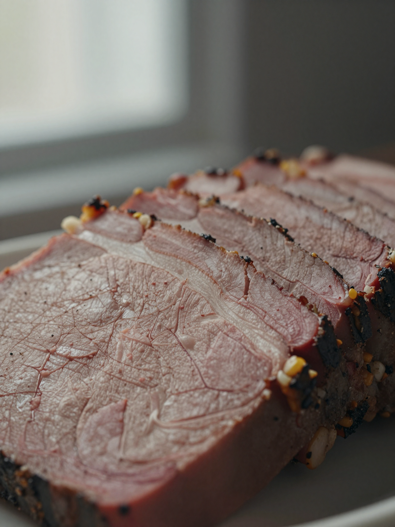Close-up of sliced corned beef showing tender texture