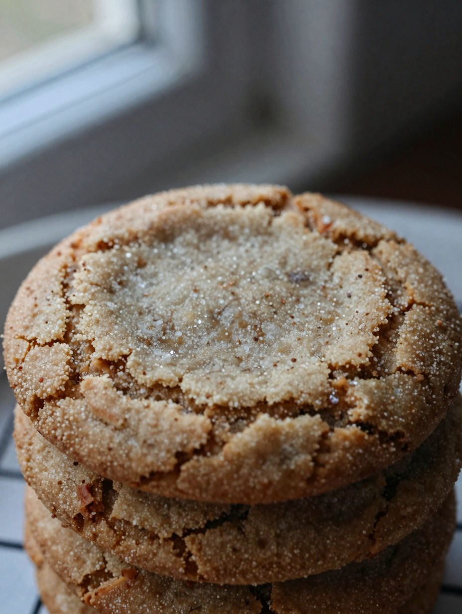Close-up of snickerdoodle cookie showing crackled sugary surface