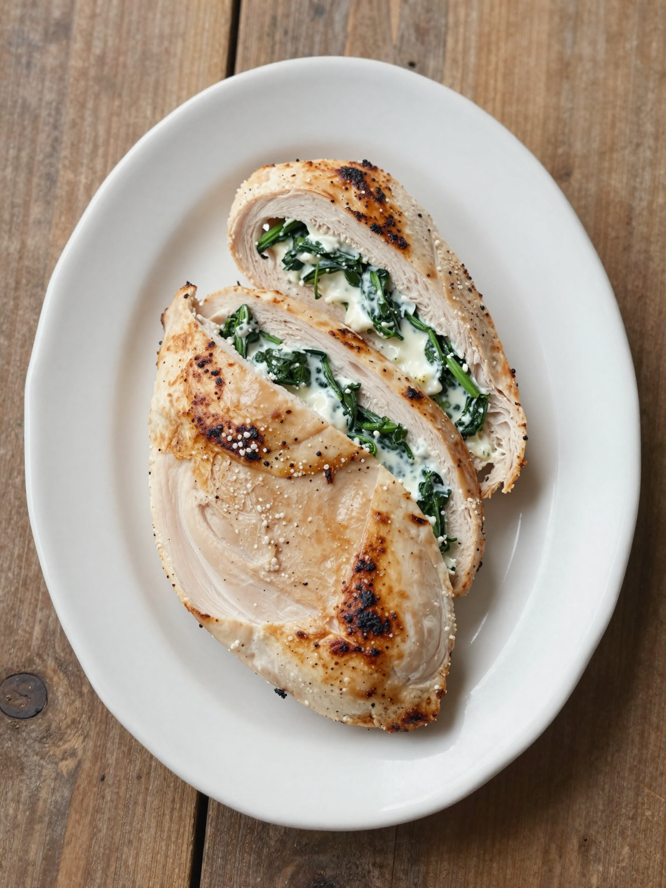 Sliced stuffed chicken breast showing spinach and cream cheese filling