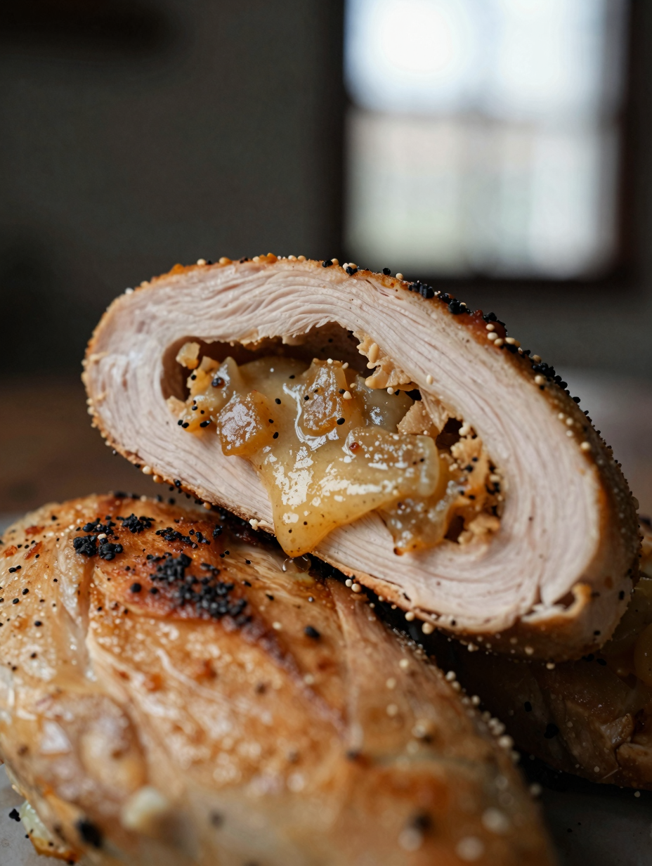 Close-up of stuffed chicken breast cross-section with melted filling