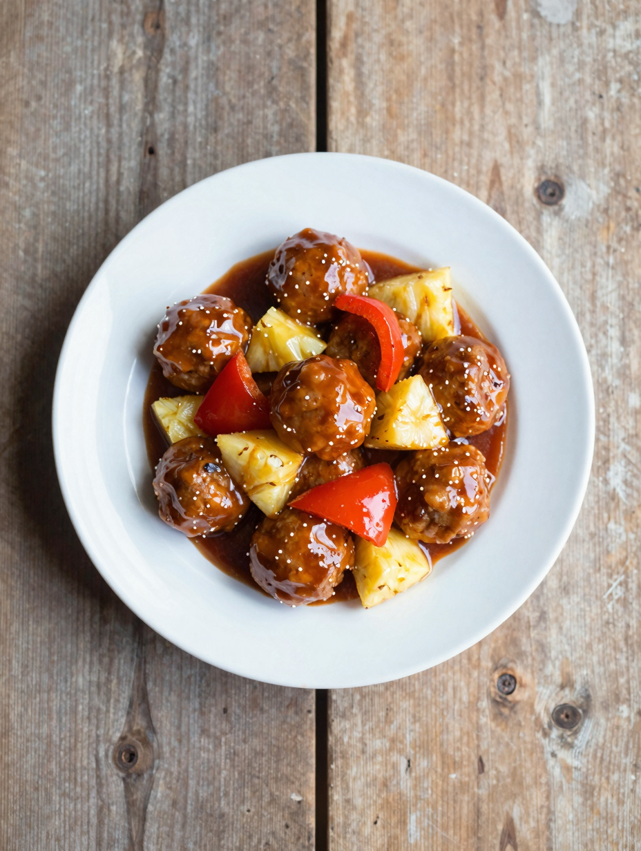 Sweet and sour meatballs with bell peppers and pineapple in glossy sauce