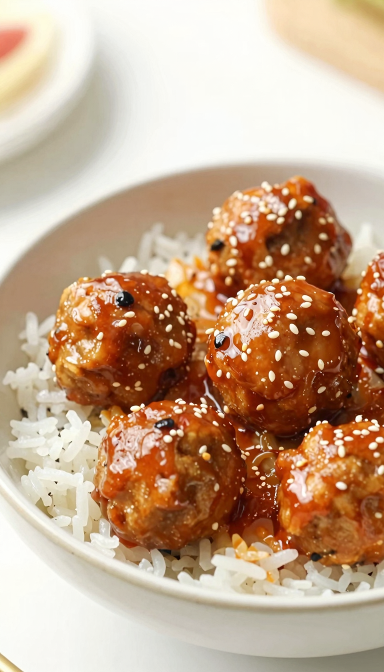 Overhead bowl of sweet and sour meatballs over rice