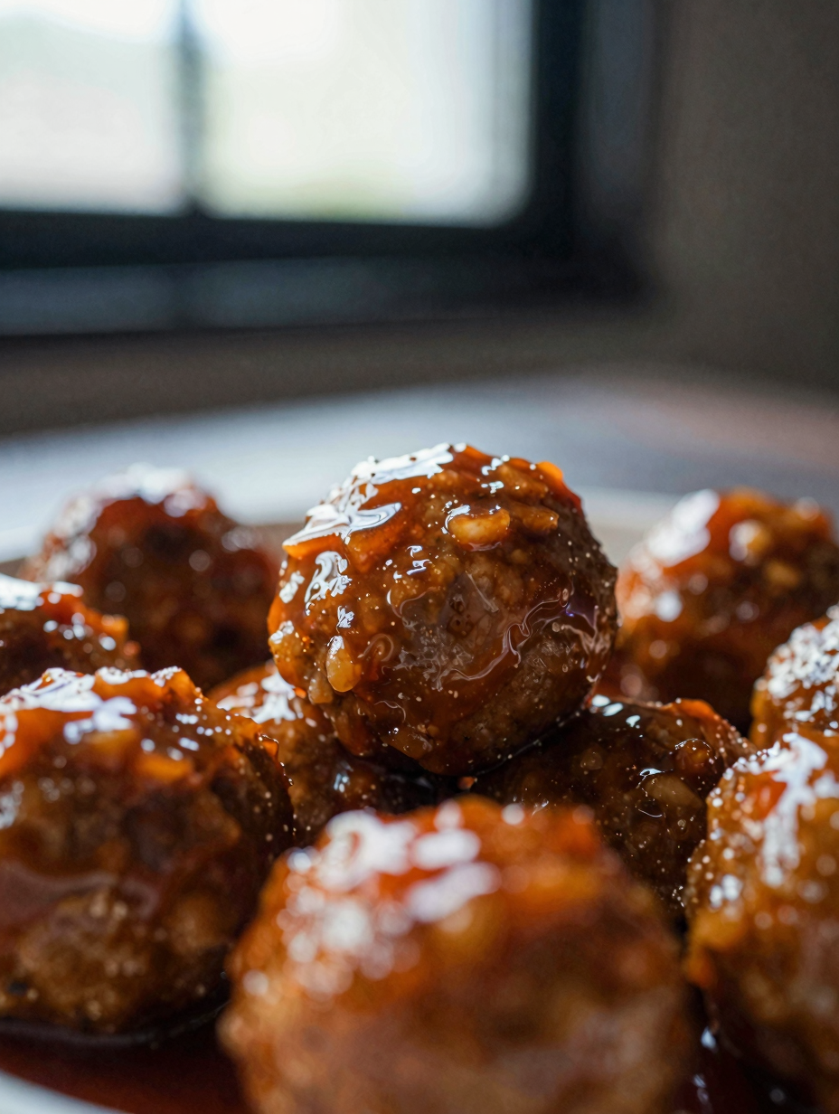 Close-up of sweet and sour meatballs showing thick glossy sauce