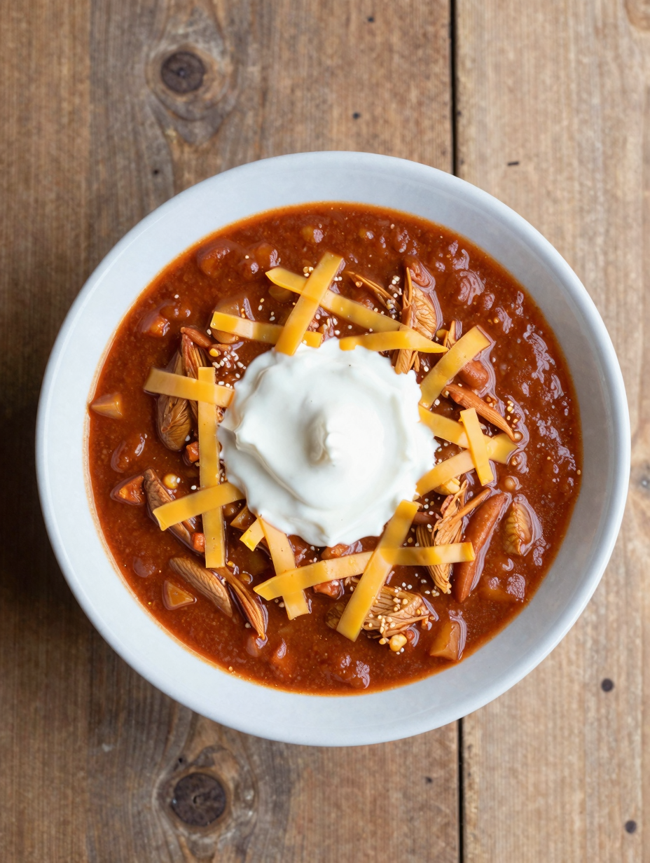 Bowl of turkey chili topped with cheese and sour cream