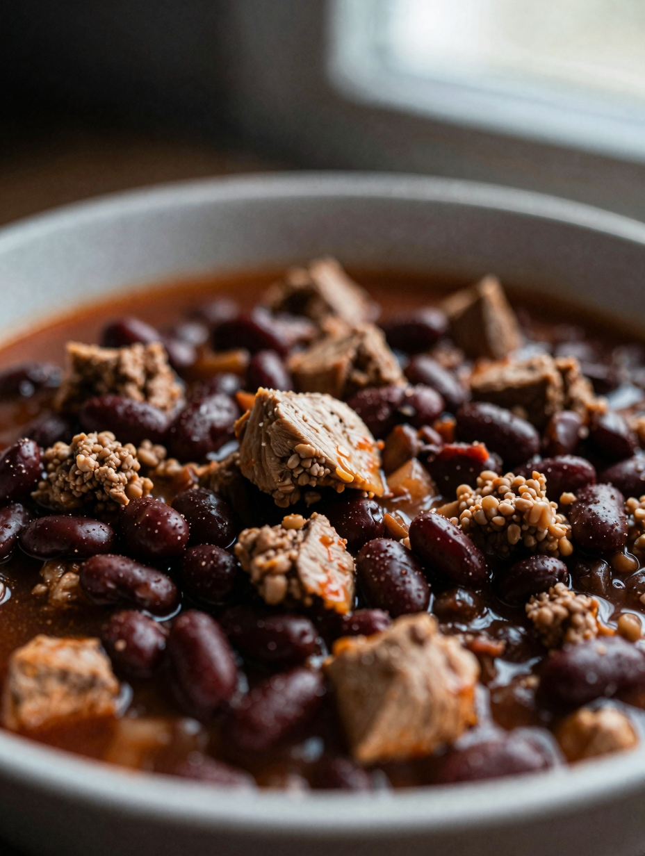 Close-up of turkey chili showing beans and ground turkey texture